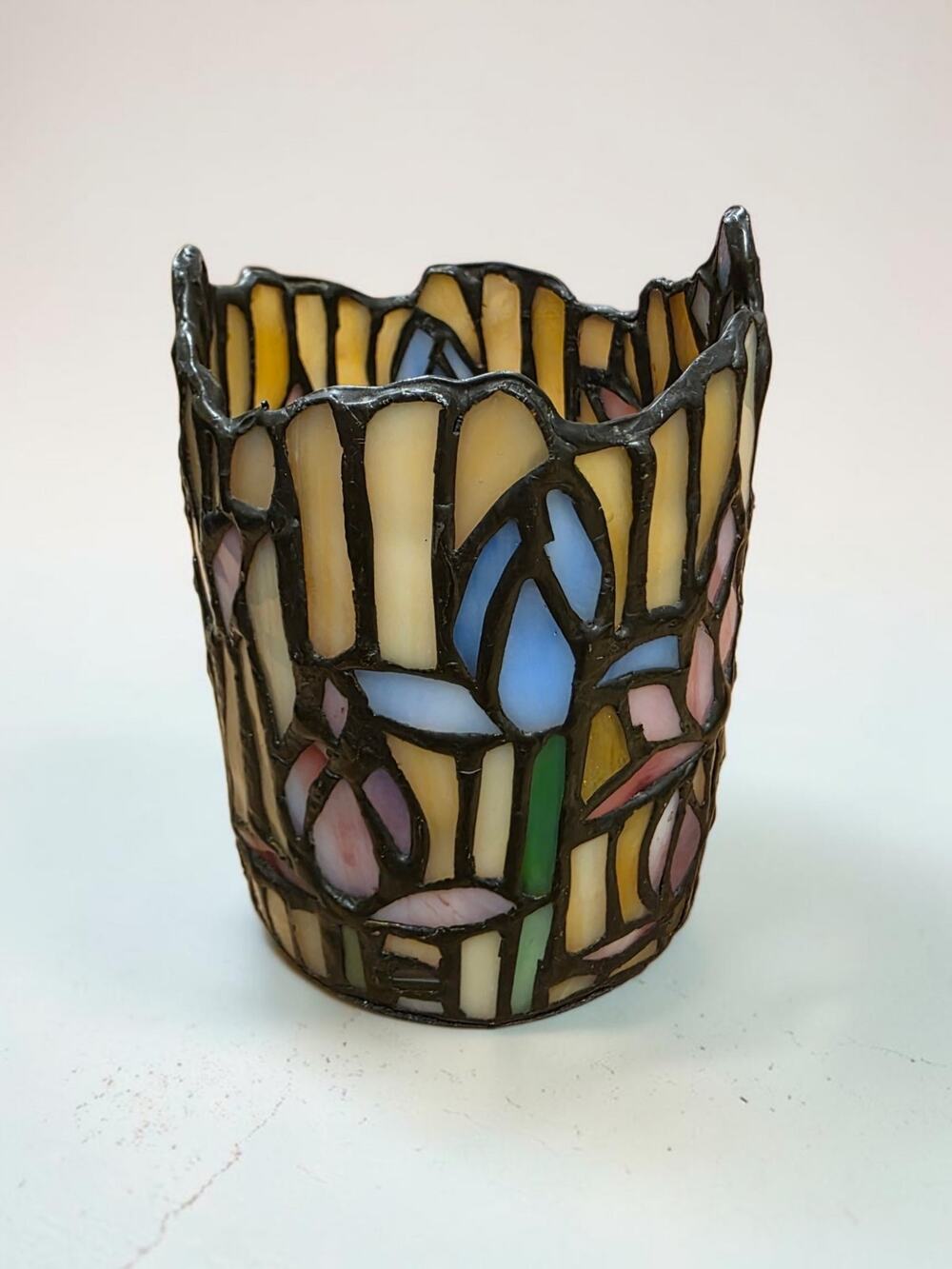 Vintage Stained Glass Floral Candle Holder Tiffany Style Tulip Votive 5.5”